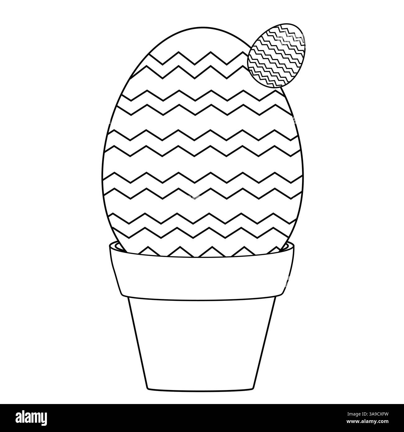 Une page à colorier en noir et blanc représentant un œuf de Pâques stylisé comme un cactus debout dans un pot de fleurs. Parfait pour les enfants et l'artisanat de vacances. Illustration de Vecteur
