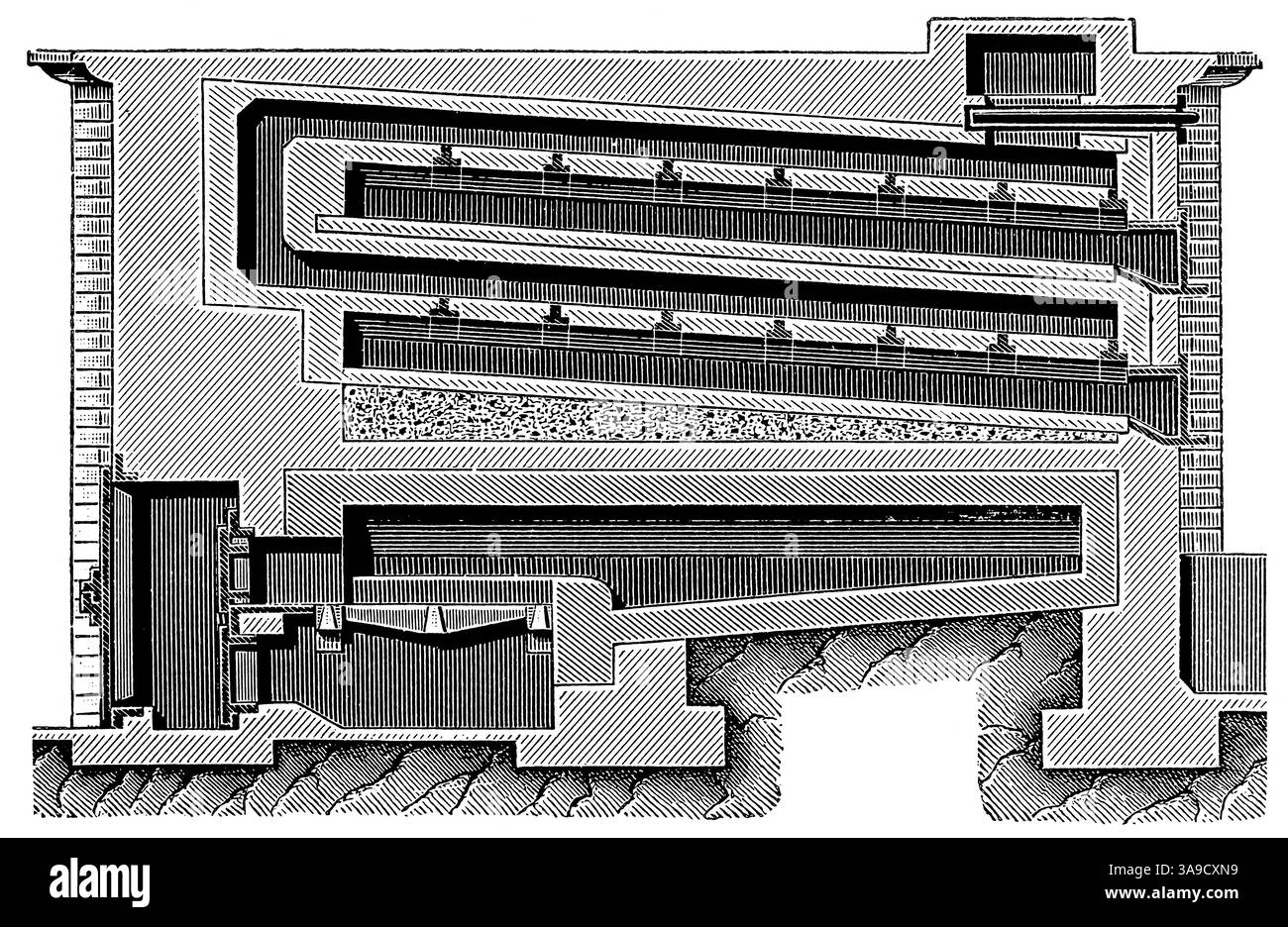 Four de cuisson à aspiration descendante de Doberschinsky avec deux foyers et cuisson arrière (coupe longitudinale). Banque D'Images