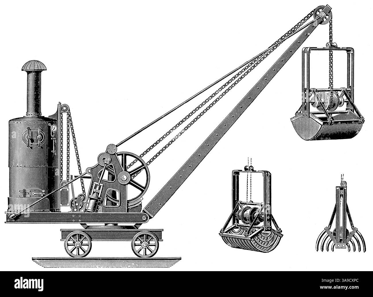Pelle à grue ou à grue. Godet fermé et godet ouvert. Publication de l'encyclopédie Meyers, vol. 7, Leipzig, Allemagne, 1910. Banque D'Images