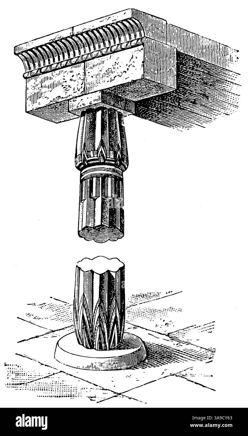 Colonne cannelée égyptienne avec entablature. Publication de l'encyclopédie Meyers, vol. 7, Leipzig, Allemagne, 1910. Banque D'Images
