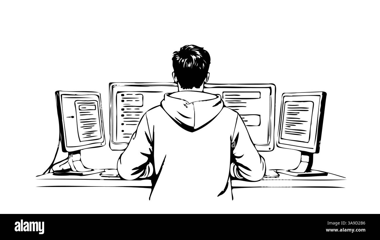 Developer Works Computers. Codage de programmateur de vue arrière. Développement de logiciels d'entreprise INFORMATIQUES. Lignes noires dessinant illustration vectorielle blanche Illustration de Vecteur