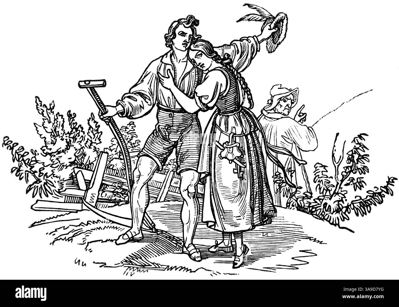 Le faucheur gauche de Sumiswald, le jeune homme Kuoni récolte le grain avec une faux, deux amants, père de la jeune femme, vieil homme envieux, dehors, SWI Banque D'Images