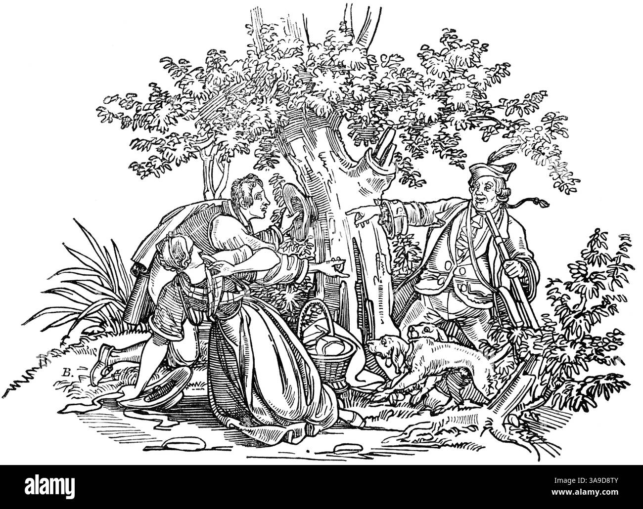 Les chutes de vent appartiennent à l'huissier, le sujet et la femme collectant les fruits tombés en été, la chasse d'huissier découvre les voleurs, chiens de chasse, pickinick u Banque D'Images