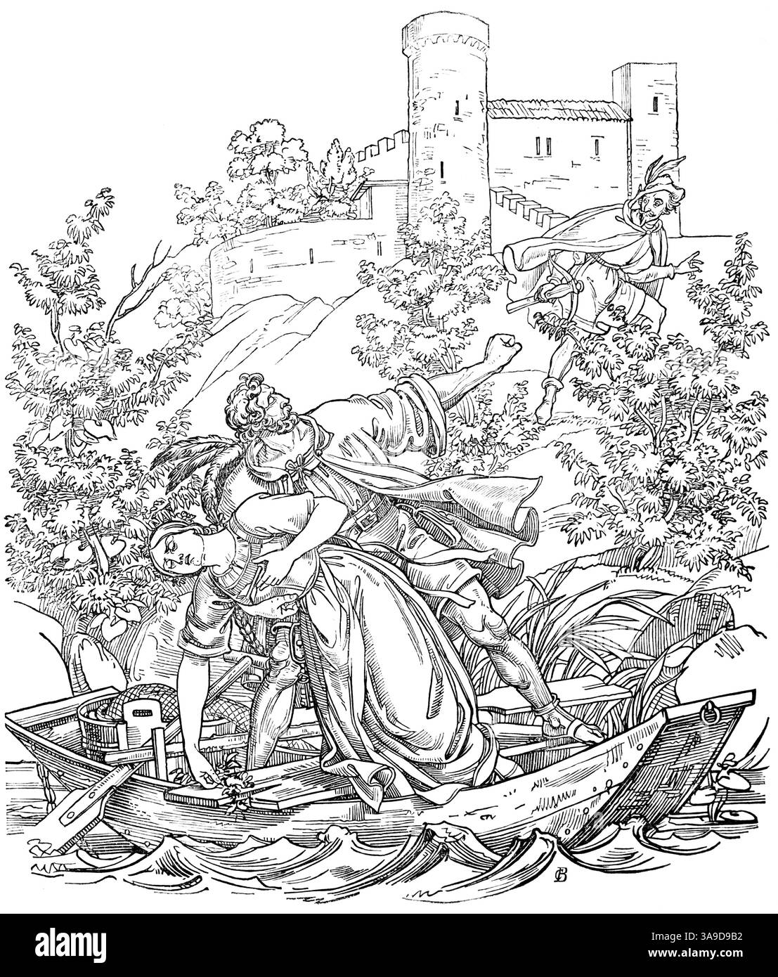 Ringgenberg et Schadenburg, pêcheur Klaus sauve sa fille des griffes du seigneur du château Wolf von Riggenberg, château sur une colline, fis Banque D'Images