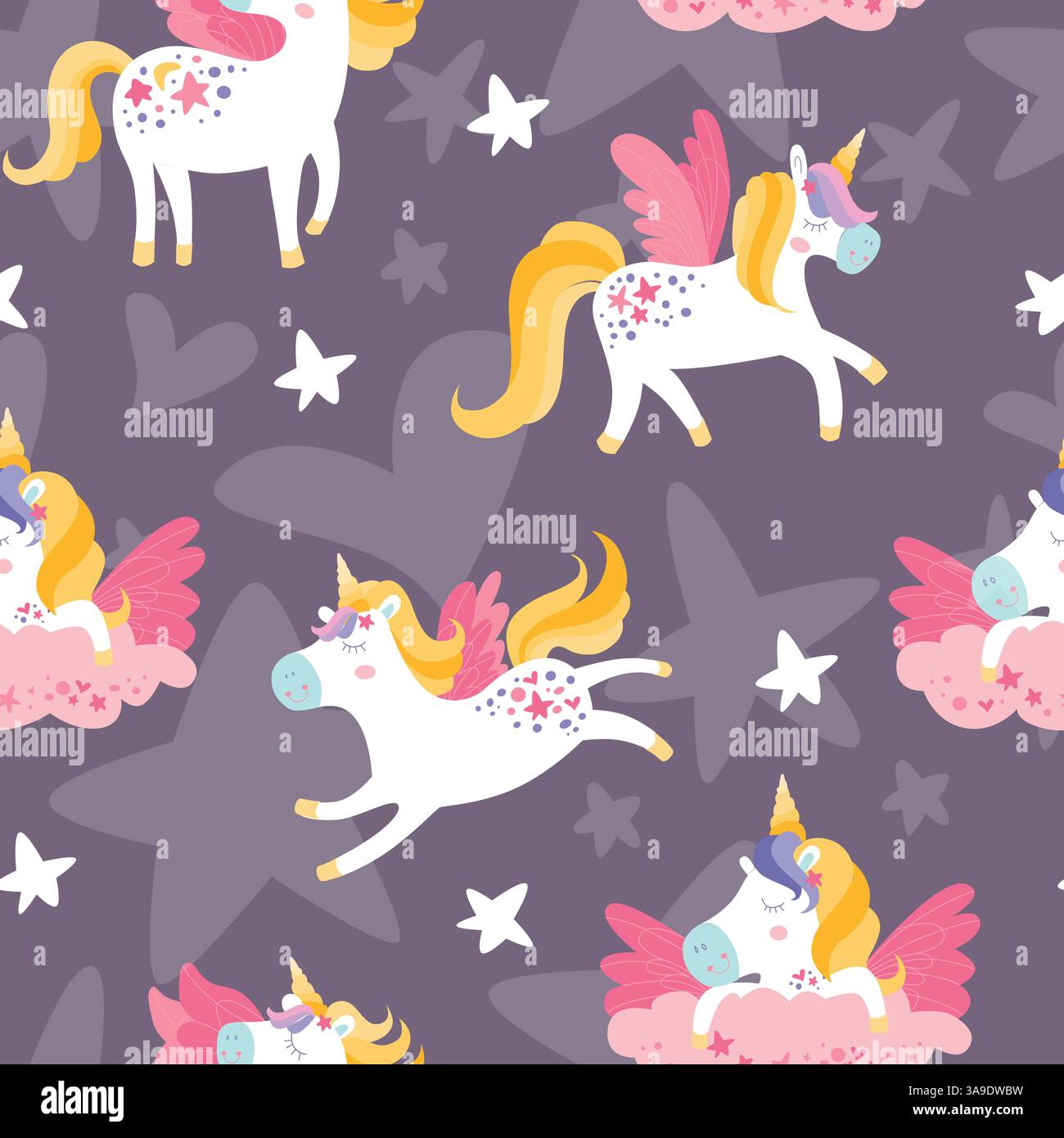 Motif sans couture licorne magique pour enfants. Ornement mignon de contes de fées dessiné à la main avec des licornes, des coeurs, des étoiles. Texture vectorielle pour la literie des enfants, le tissu, le wallpa Illustration de Vecteur