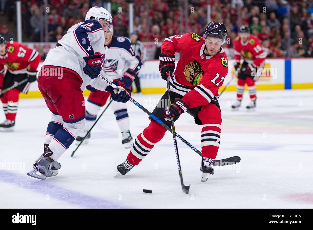 07 octobre 2017 : Chicago, Illinois, États-Unis - Blackhawk #17 lance Bouma et Blue Jacket #8 Zach Werenski en action lors du match de la Ligue nationale de hockey entre les Blackhawks de Chicago et les Blue Jackets de Columbus au United Center à Chicago, il. Photographe : Mike Wulf(image de crédit : © ; Mike Wulf/CSM via ZUMA Wire) Banque D'Images