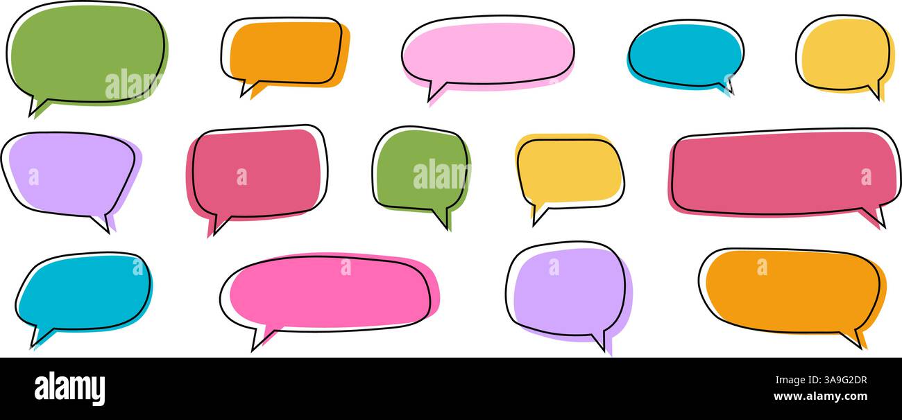 Ensemble de modèles de bulles de discours colorés mignons dans le style doodle. Bulles de dialogue, zones de texte, cadres de citation, balises de message, étiquettes de question isolées sur fond blanc. Illustration vectorielle plate. Illustration de Vecteur