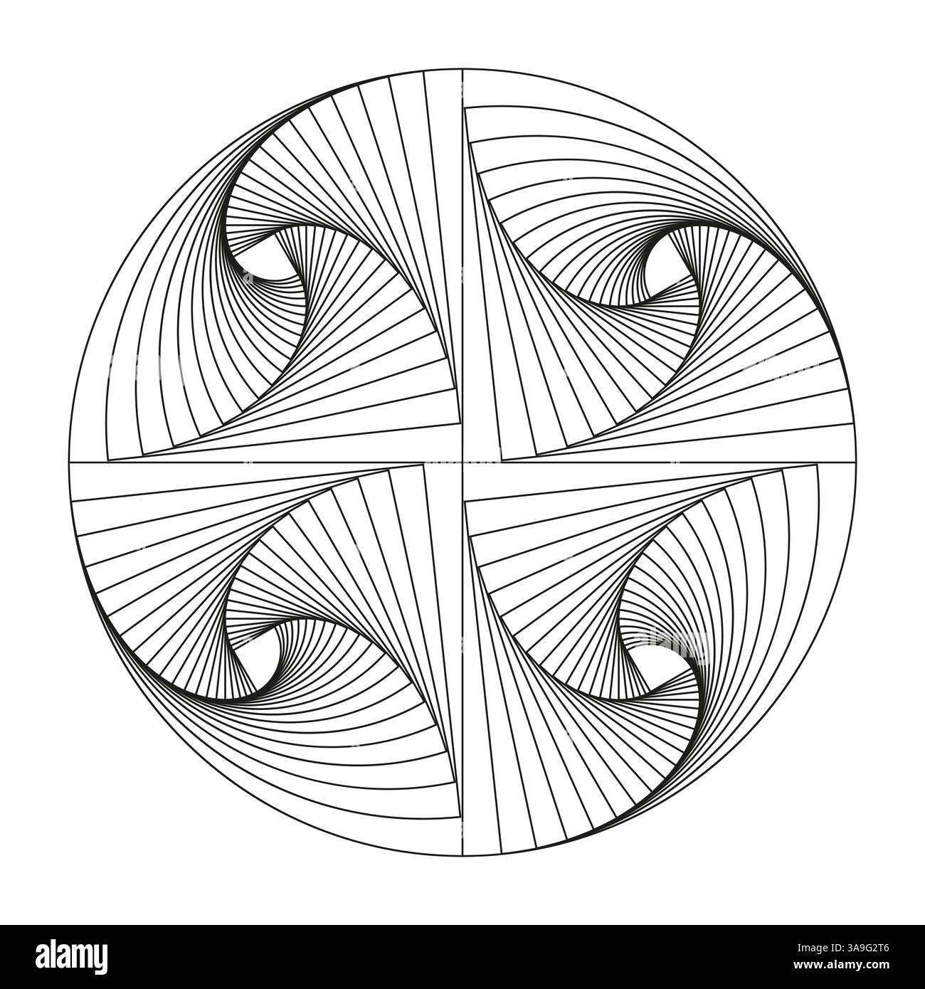Forme abstraite de cercle. Éléments incurvés noirs. Vecteur de torsion optique. Forme de tourbillon symétrique. Illustration de Vecteur