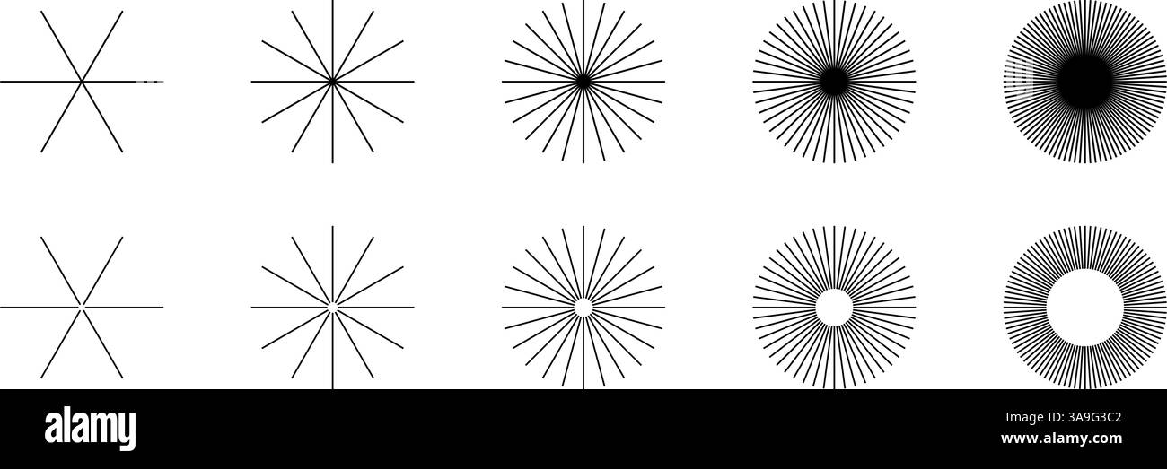 Lignes radiales droites. Ensemble de symboles de rayons de soleil isolés sur fond blanc. Panneaux Sunburst, lever ou coucher de soleil. Icônes de radiance, d'explosion ou de feu d'artifice. Illustration graphique vectorielle. Illustration de Vecteur