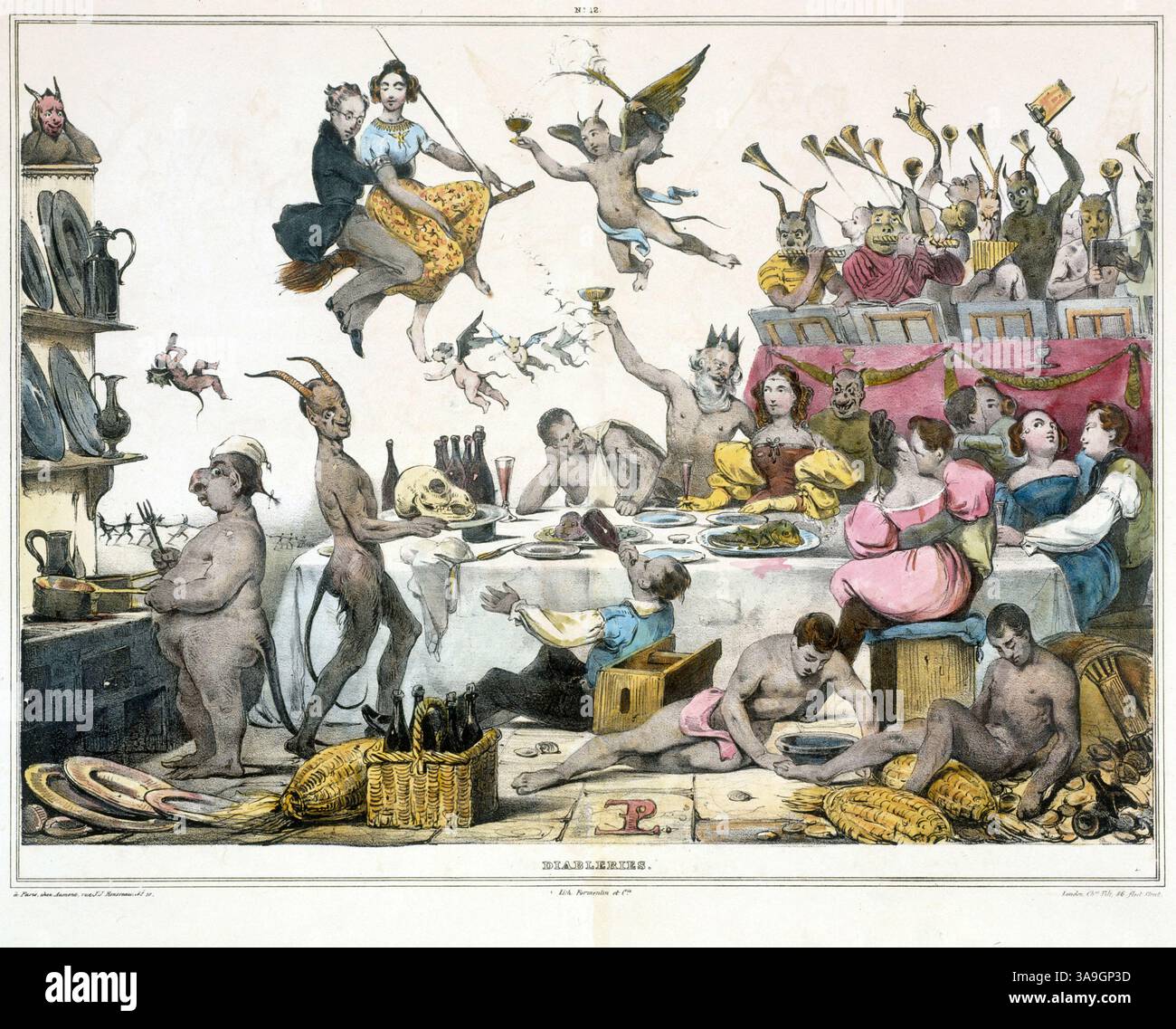 Scène de banquet fantastique à la table les couples entrelacés boivent abondamment tandis que les Diables servent des plats horribles Eugène modeste Edmond Lepoittevin les Diables de lithographies, vers 1832 : page 12 (après restauration). Paris, maison de Balzac. 19ème siècle aquarelle gravure d'œuvres d'art antiques vintage impression creepy weird nightmare Banque D'Images