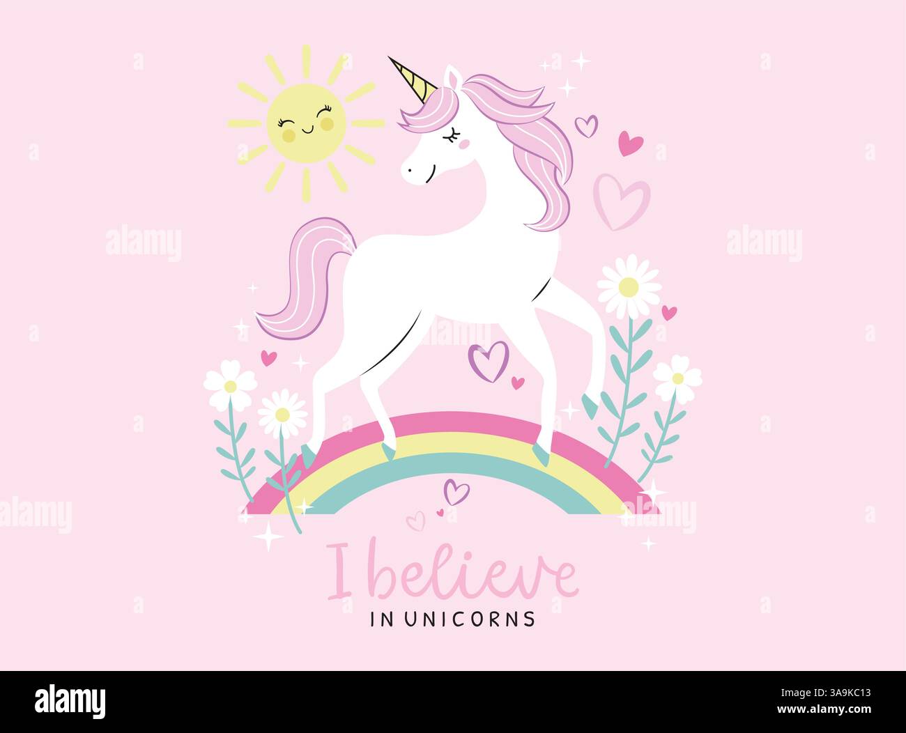 Illustration vectorielle, licorne mignonne sur un arc-en-ciel entouré de fleurs Illustration de Vecteur