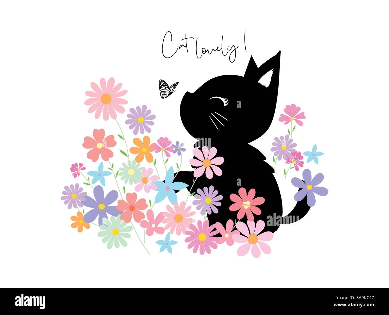 Illustration vectorielle, chaton mignon entouré de belles fleurs. Illustration de Vecteur