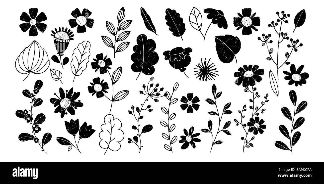 Jolie collection de fleurs printanières, feuilles et branches en noir et blanc, dessinée à la main au crayon. Silhouettes d'encre monochrome d'herbes et de plantes de dessin animé. Illustration de Vecteur