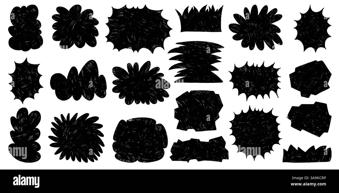 Bulles de chat avec des bords grunge ondulés. Blobs colorés dessinés à la main. Boîtes de chat isolées sur fond jaune. Zones de texte de résumé de bande dessinée. Illustration de Vecteur