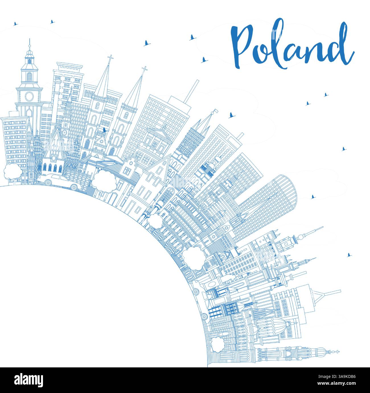 Contour Pologne City Skyline avec bâtiments bleus et espace de copie. Illustration vectorielle. Concept avec architecture moderne. Pologne CityScape avec des monuments Illustration de Vecteur