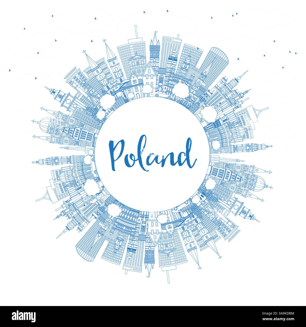 Contour Pologne City Skyline avec bâtiments bleus et espace de copie. Illustration vectorielle. Concept avec architecture moderne. Pologne CityScape avec des monuments Illustration de Vecteur