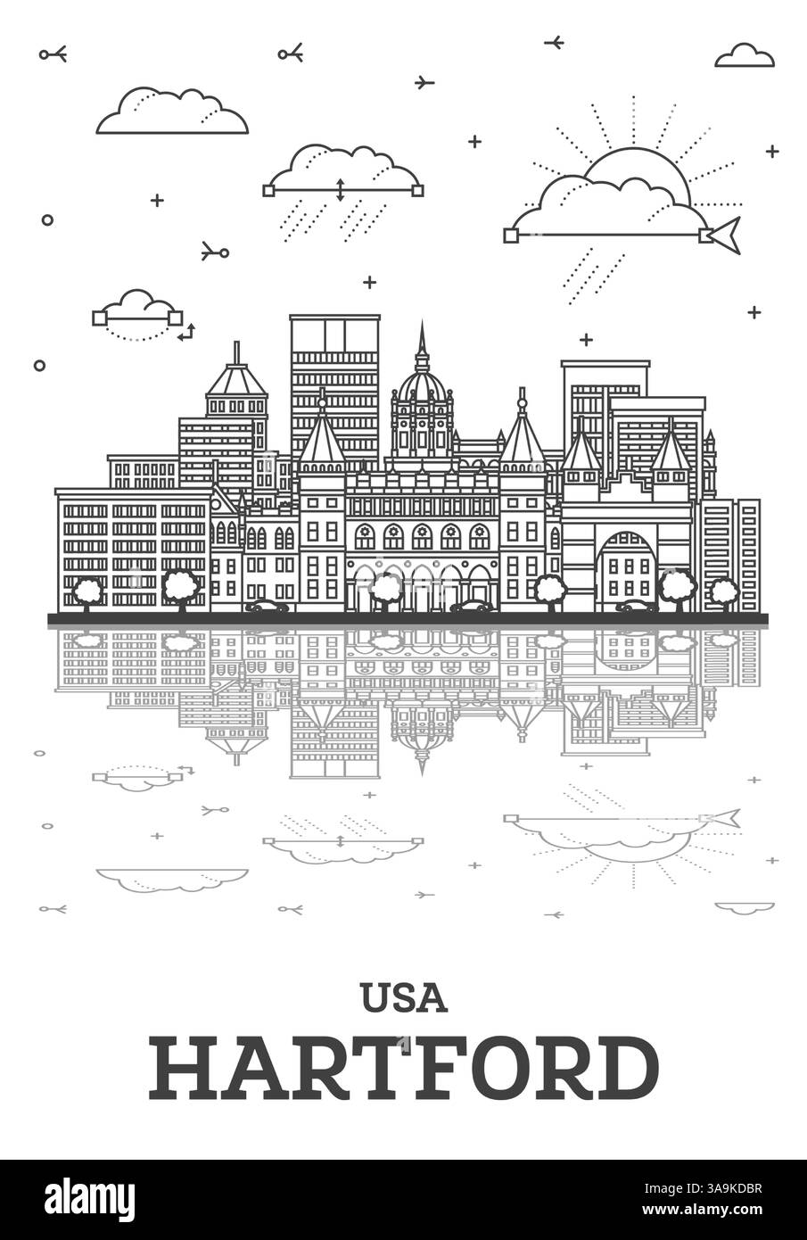 Aperçu Hartford Connecticut ville skyline avec des bâtiments modernes et historiques isolés sur blanc. Illustration vectorielle. Paysage urbain de Hartford USA. Illustration de Vecteur