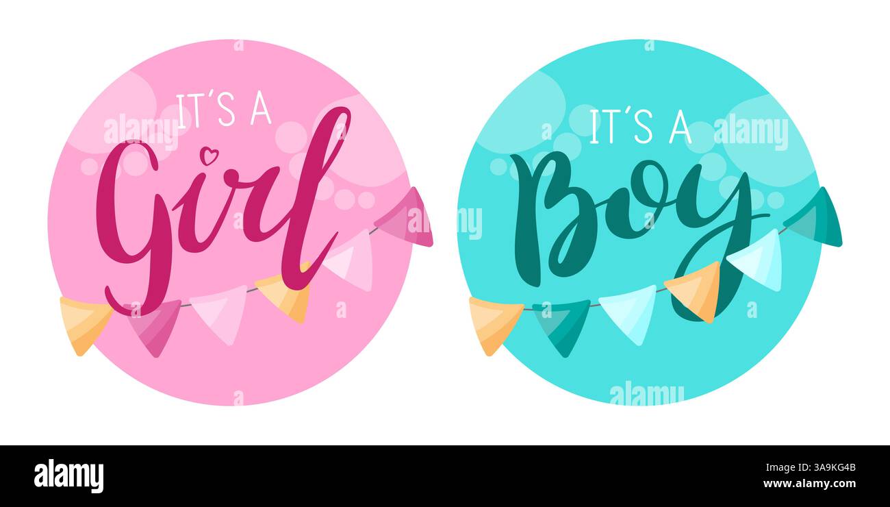 Le genre rose et bleu révèlent des cadres avec son texte a Girl et son texte a Boy. Idéal pour les invitations Baby shower. Illustration de Vecteur