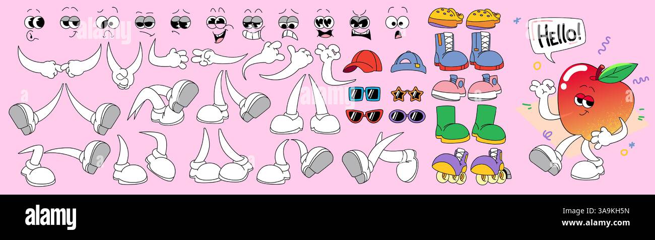 Kit de création de personnage groovy de pomme de dessin animé - mains et jambes expressives, visages et accessoires collection pour la construction de personnages animés amusants. Parties du corps colorées de style rétro pour l'animation de marionnettes. Illustration de Vecteur