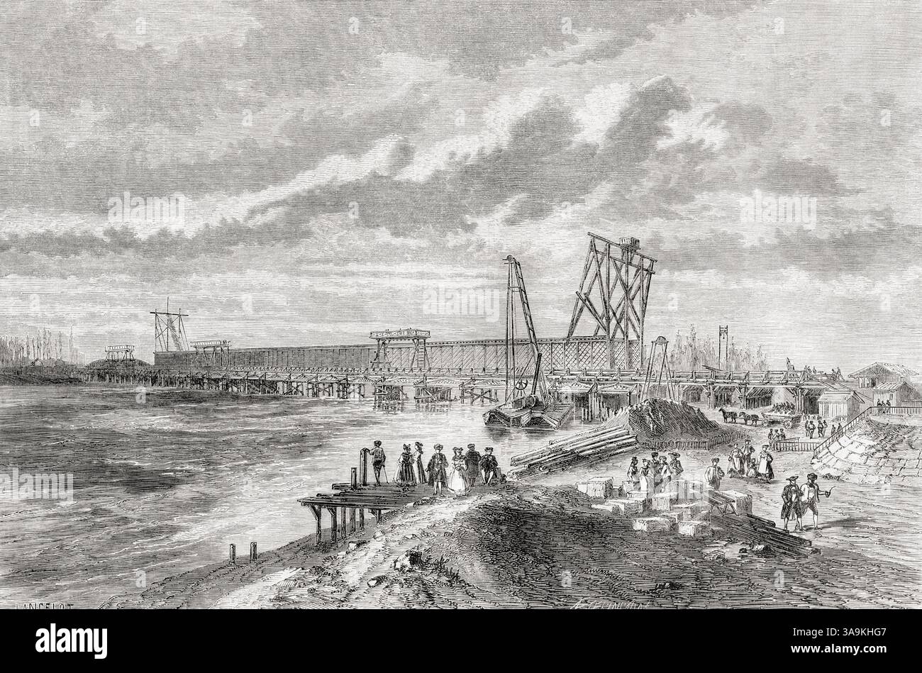 Construction du nouveau pont sur le Rhin à Kehl, Bade-Wurtemberg, Allemagne, 1861. De Paris à Bucarest, conférences géographiques de M. V. Duruy, 1860. En vedette dans le Tour du monde, publié en 1861. Banque D'Images