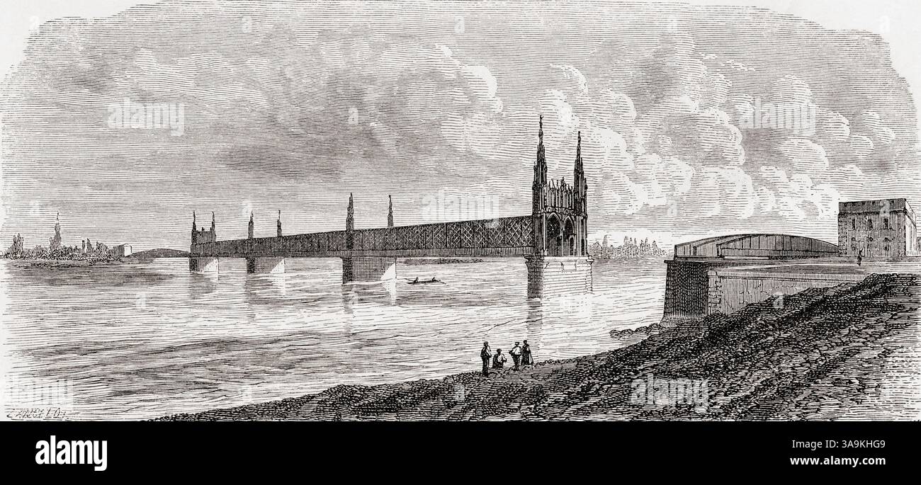 Le nouveau pont sur le Rhin à Kehl, Bade-Wurtemberg, Allemagne, XIXe siècle. De Paris à Bucarest, conférences géographiques de M. V. Duruy, 1860. En vedette dans le Tour du monde, publié en 1861. Banque D'Images