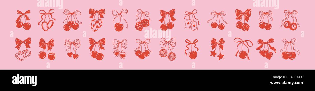 Doodle Cherry Bow Ribbon y2k éléments de design rétro. Illustration vectorielle graphique de tatouage linocut. Dessin d'art au trait esthétique de coquette vintage. Rose ouïe Illustration de Vecteur