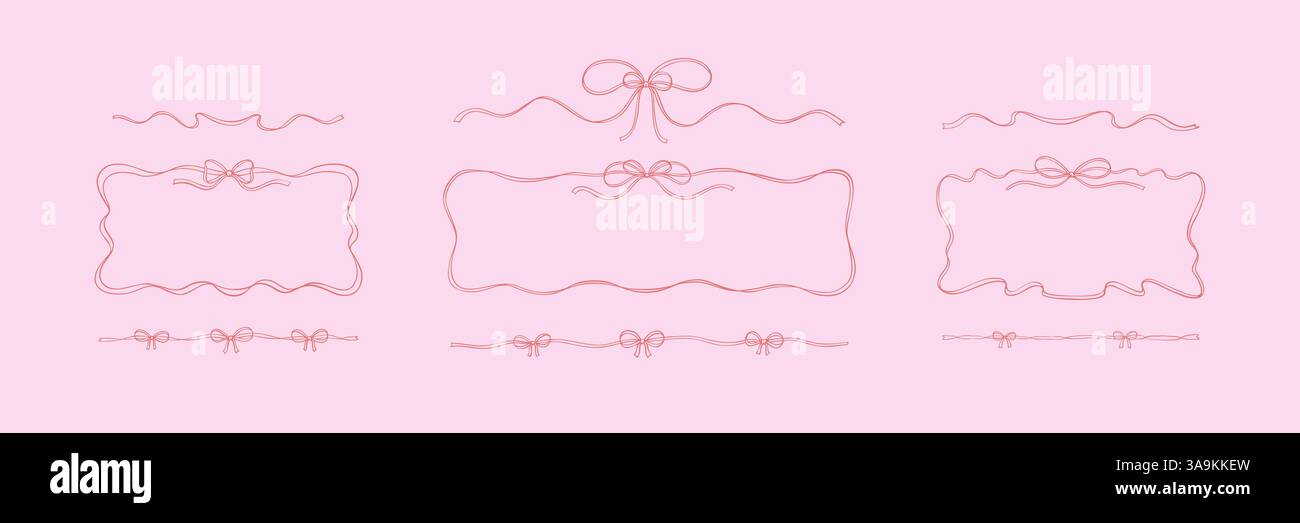 Ruban d'arc séparateur rose et cadre rectangulaire horizontal. Illustration de croquis girly de coquette dans le stile de croquis. Bordure dessinée à la main. Cadeau de Noël, birt Illustration de Vecteur