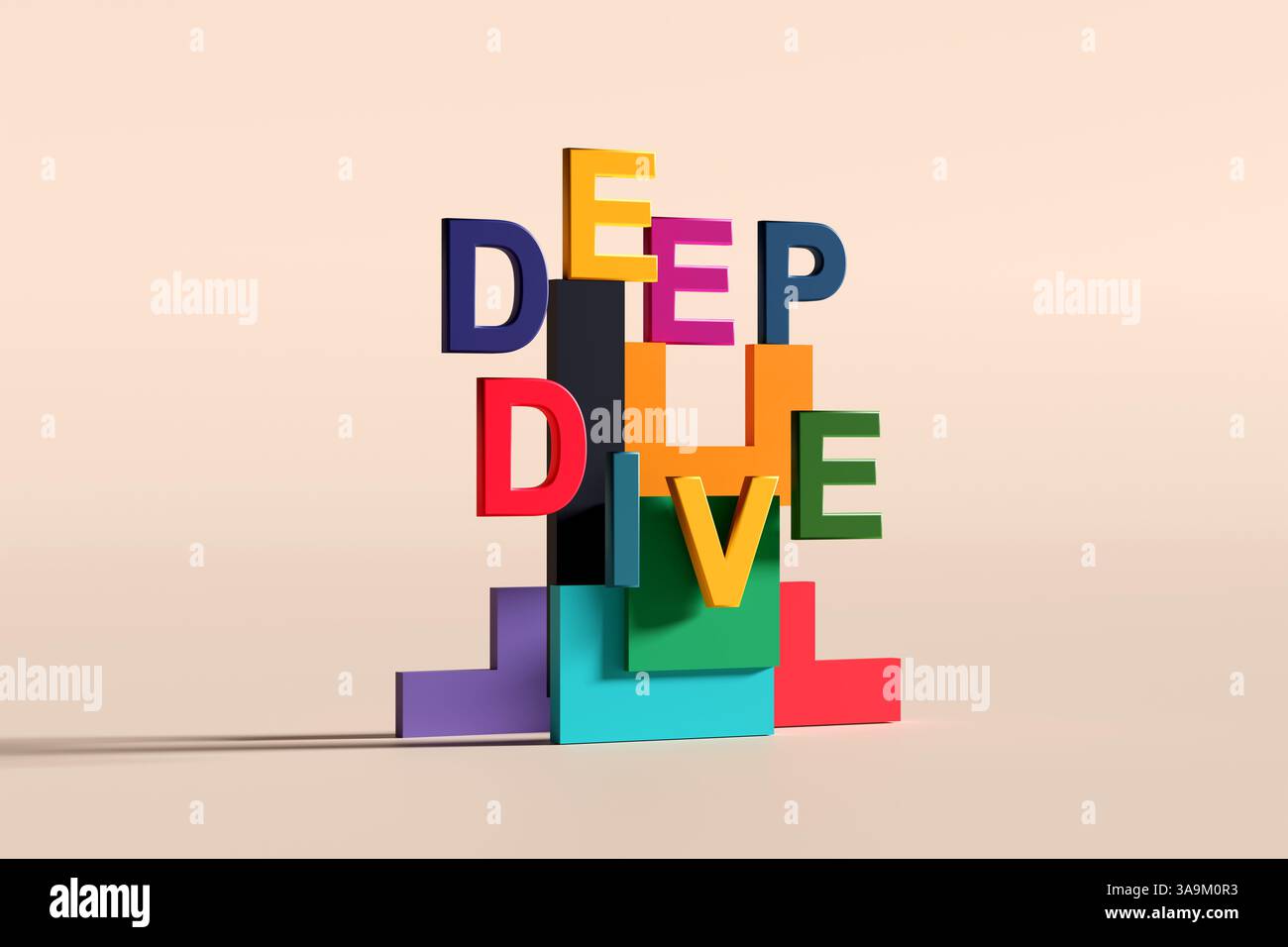 Lettres 3D colorées formant les mots deep plongeant sur fond beige, représentant le concept d'analyse approfondie. Rendu 3D. Banque D'Images
