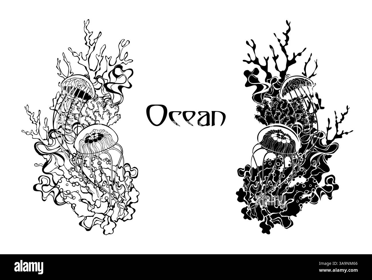 Contour et silhouette, artistiquement dessinés, beaux récifs coralliens avec de belles méduses avec de longs tentacules flottant sur leur fond. Underwate Illustration de Vecteur
