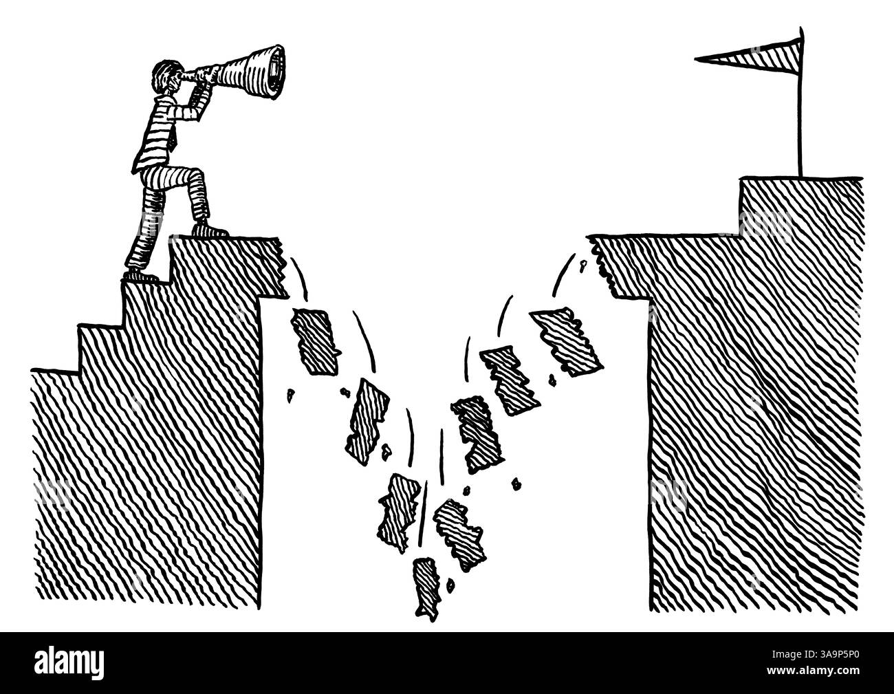 Dessin au stylo à main levée d'un homme visionnaire regardant le poteau de but à travers le télescope au-delà d'un pont qui s'effondre sur son chemin. Métaphore de la détermination, de la vision Banque D'Images