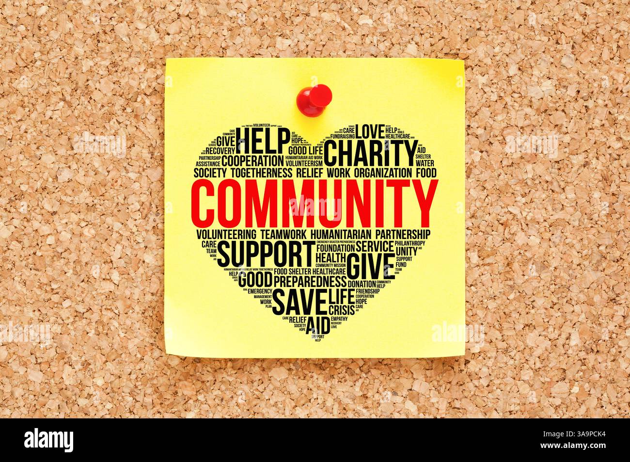 Nuage de mots communautaires en forme de coeur sur note autocollante. Concept sur la charité, la solidarité, le bénévolat, le travail d'aide humanitaire et l'empathie. Banque D'Images