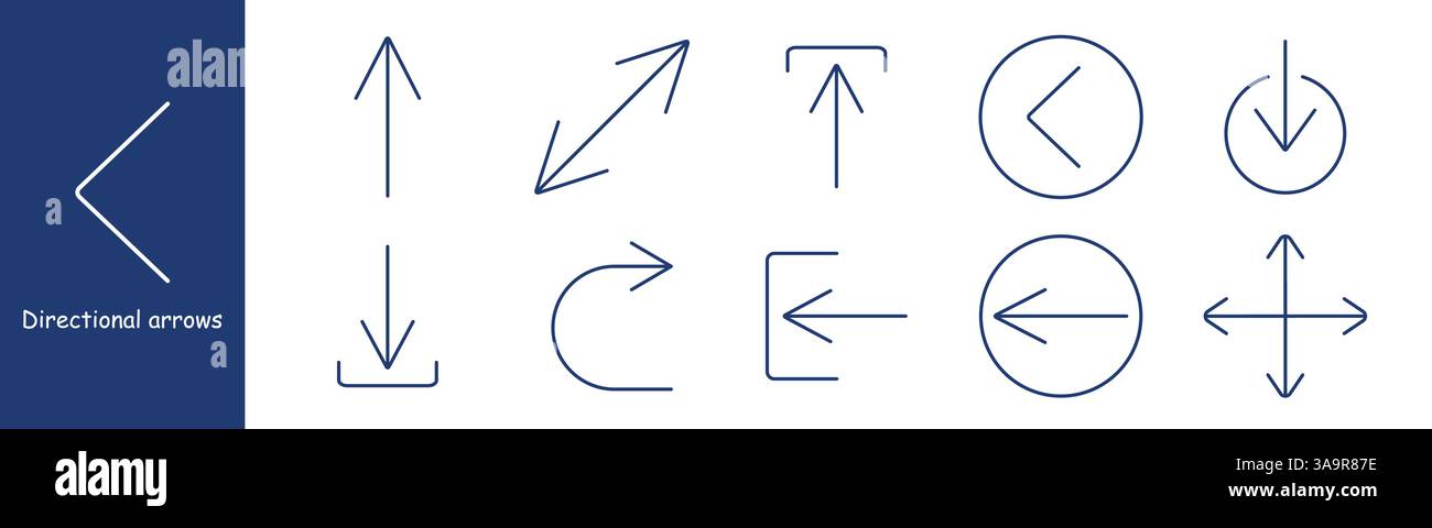 Icône de définition de direction. Flèches fines dans différentes orientations, y compris courbes, circulaires, diagonales, vers le haut, vers le bas, directions arrière et latérale pour n Illustration de Vecteur