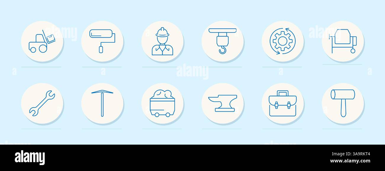 Icône jeu d'outils de construction. Chargeur, rouleau, constructeur, crochet, engrenage, mélangeur, clé, pioche, chariot, enclume, boîte à outils, maillet, exploitation minière, maintenance, ingénieur Illustration de Vecteur