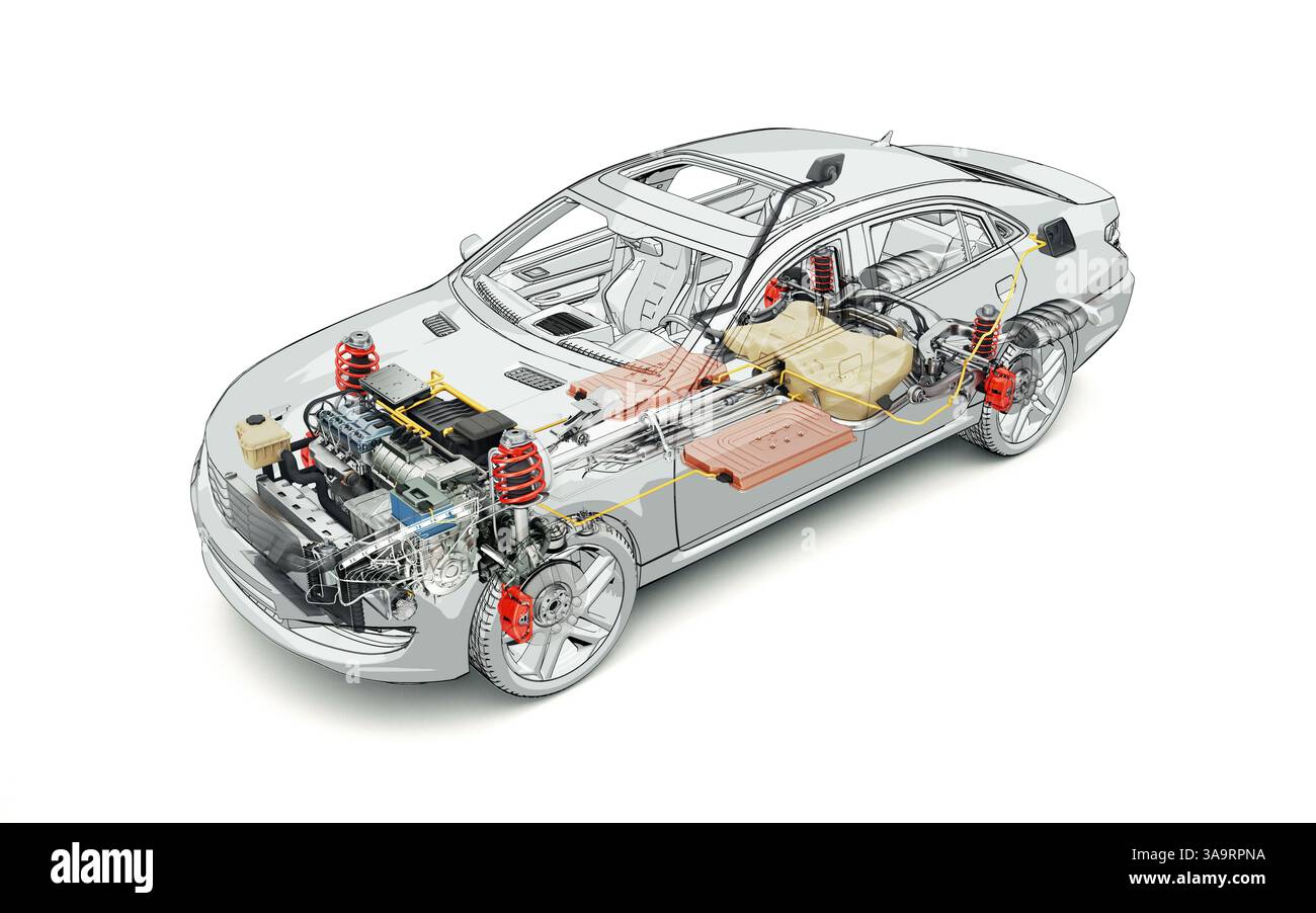 Rendu 3d de coupe technique de voiture générique hybride avec tous les détails principaux du système de véhicule hybride dans l'effet fantôme. Perspective vue à œil d'oiseau sur blanc Banque D'Images