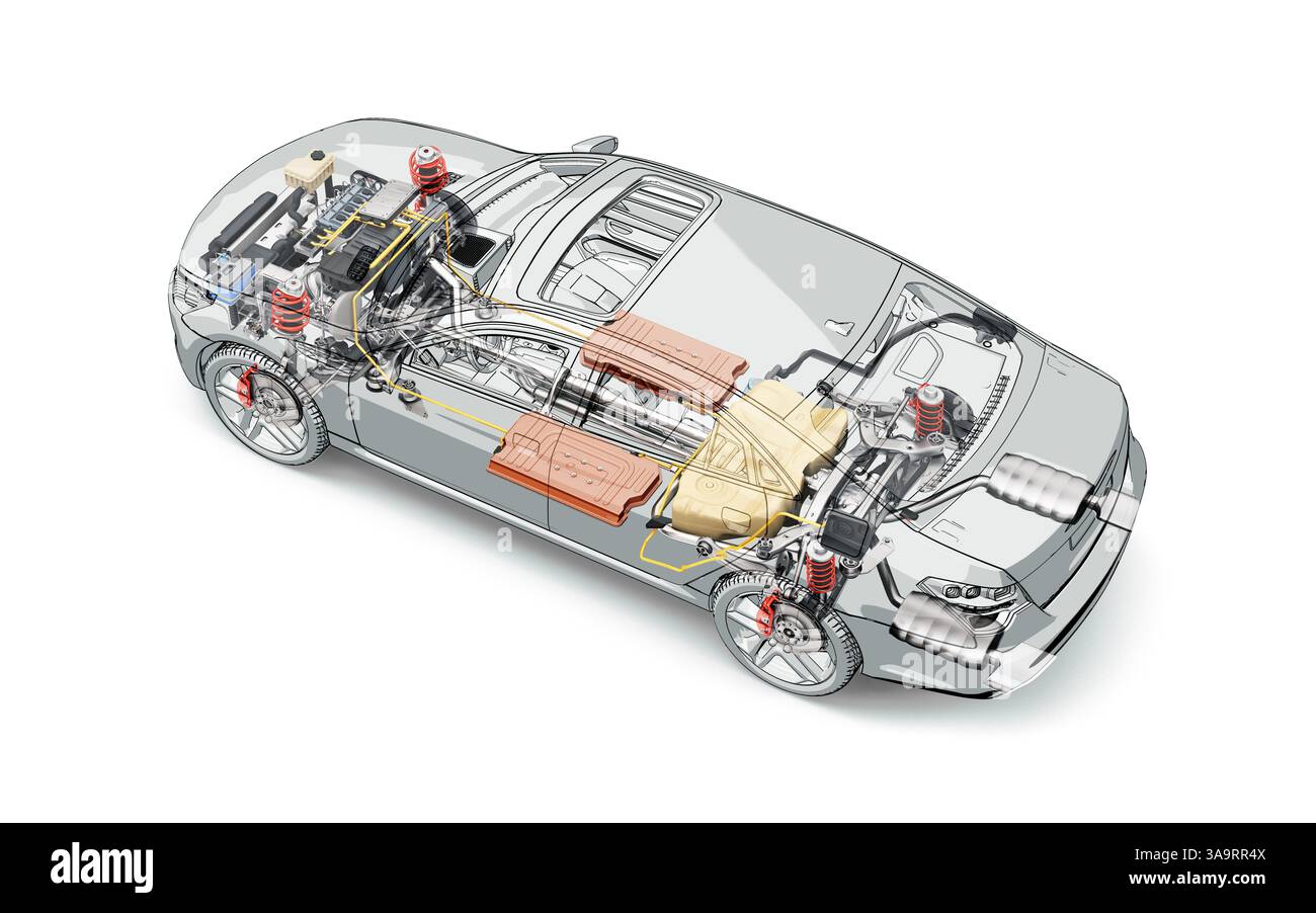Rendu 3d de coupe technique de voiture générique hybride avec tous les détails principaux du système de véhicule hybride dans l'effet fantôme. Perspective vue à œil d'oiseau sur blanc Banque D'Images