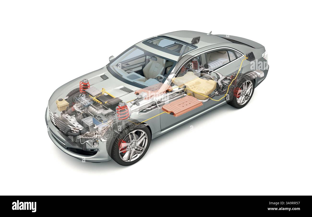 Rendu 3d de coupe technique de voiture générique hybride avec tous les détails principaux du système de véhicule hybride dans l'effet fantôme. Perspective vue à œil d'oiseau sur blanc Banque D'Images