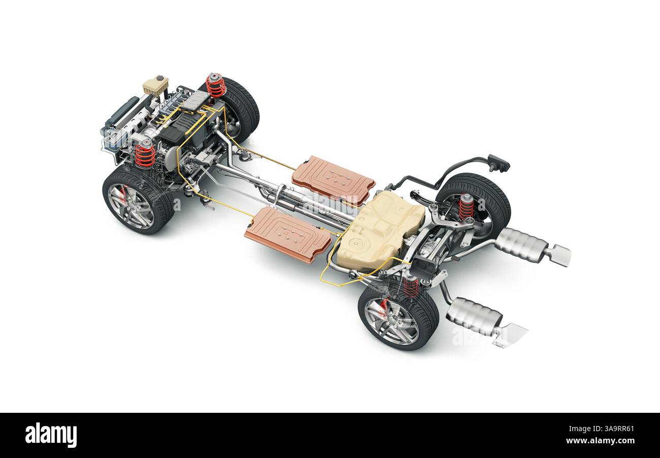 Rendu 3d de coupe technique de voiture hybride générique sous chariot avec tous les détails principaux du système de véhicule hybride. Perspective vue à vol d'oiseau sur blanc b Banque D'Images