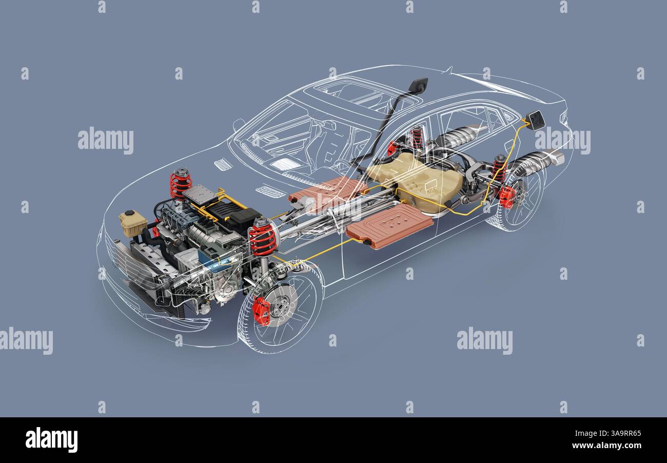 Rendu 3d de coupe technique de voiture générique hybride avec tous les détails principaux du système de véhicule hybride dans l'effet fantôme. Perspective vue à œil d'oiseau sur blanc Banque D'Images