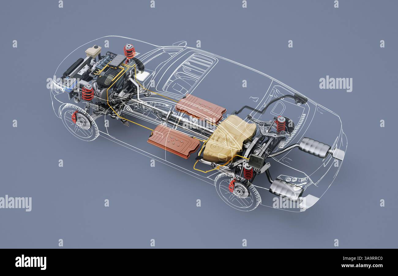 Rendu 3d de coupe technique de voiture générique hybride avec tous les détails principaux du système de véhicule hybride dans l'effet fantôme. Perspective vue à œil d'oiseau sur blanc Banque D'Images
