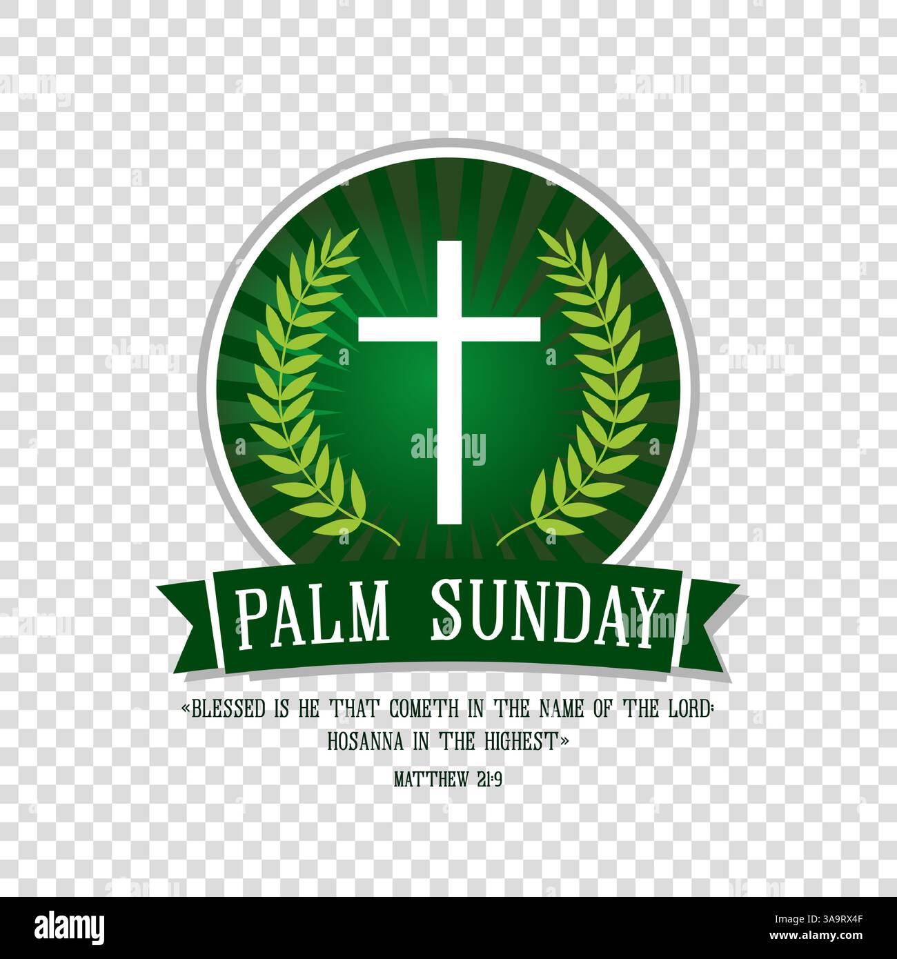 Conception de badge Palm Sunday sur fond transparent. Modèle de semaine Sainte avec lettrage et branches de palmier. Illustration vectorielle Illustration de Vecteur
