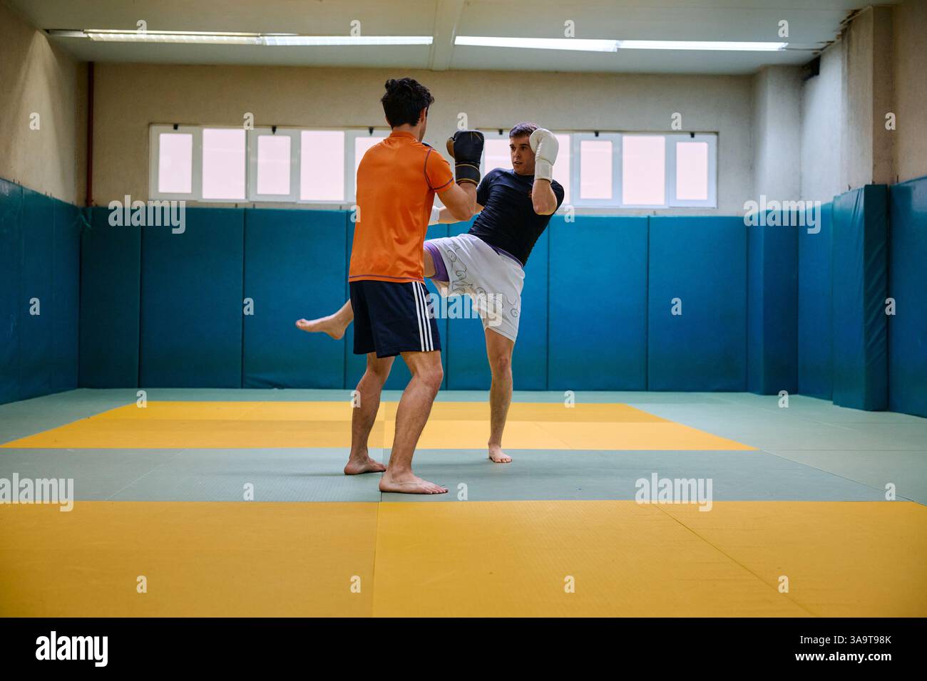 Séance d'entraînement aux arts martiaux avec des techniques ciblées dans un gymnase Banque D'Images