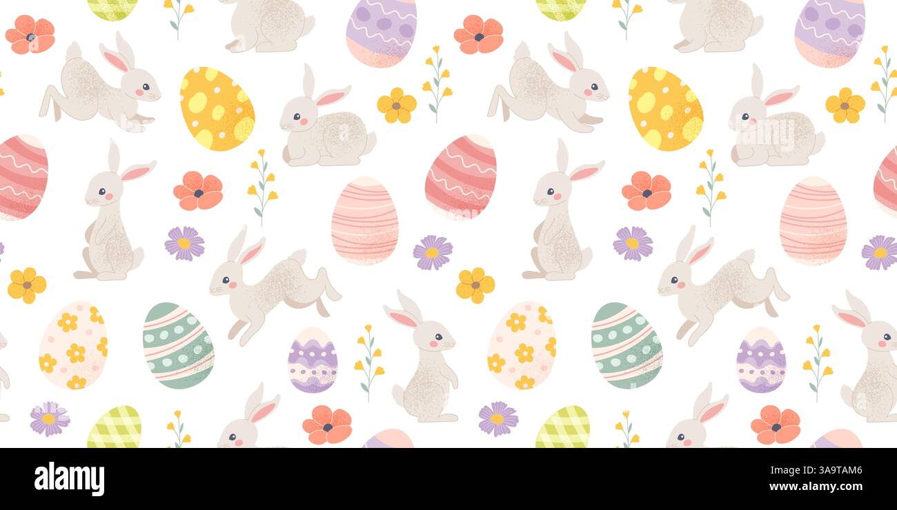 Motif de Pâques avec des oeufs colorés et des lapins décorés. Fond vectoriel en couleurs pastel Illustration de Vecteur