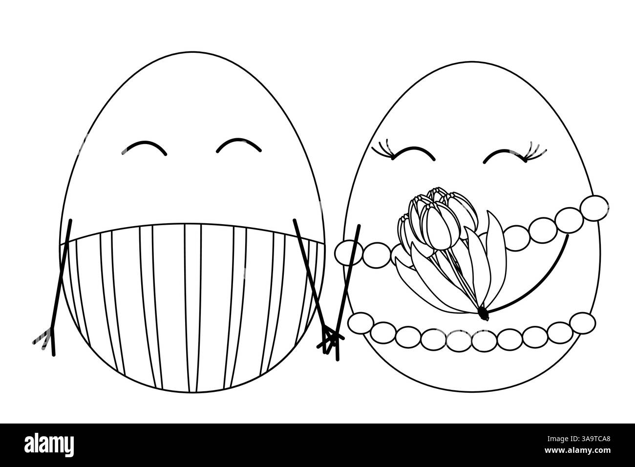 Coloris noir et blanc sur le thème de Pâques mettant en vedette une famille heureuse couple d'œufs de Pâques tenant la main avec des tulipes de bouquet et des décorations. Illustration de Vecteur