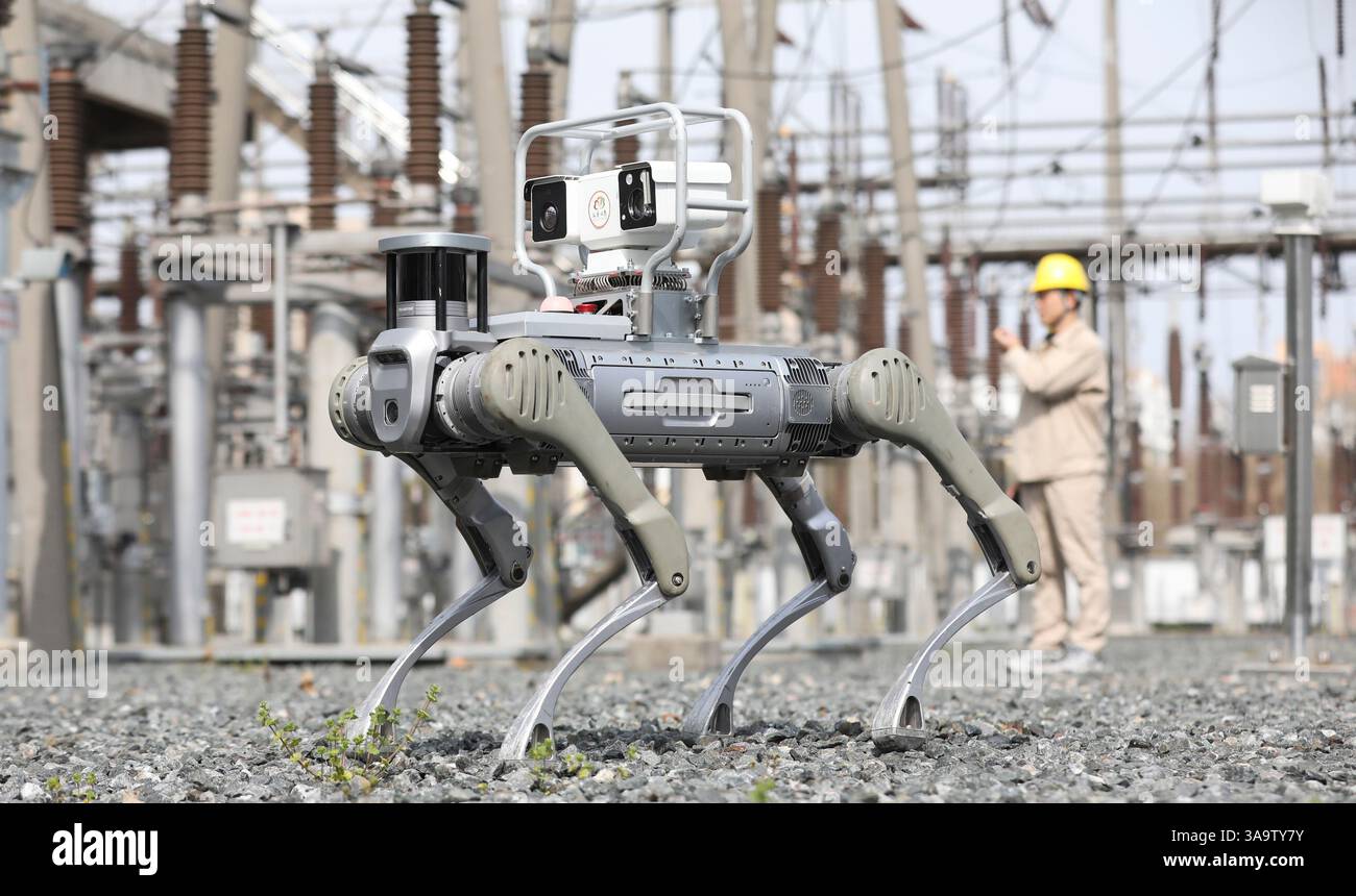 HUAI'AN, CHINE - 31 MARS 2025 - le personnel d'exploitation et de maintenance de la société State Grid Huai 'an exploite un équipement d'inspection robotique dans une sous-station de la ville de Huai 'an, province du Jiangsu, Chine, le 31 mars 2025. Banque D'Images