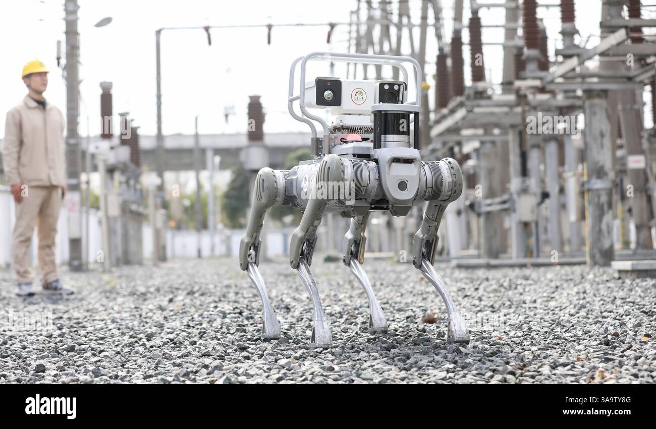 HUAI'AN, CHINE - 31 MARS 2025 - le personnel d'exploitation et de maintenance de la société State Grid Huai 'an exploite un équipement d'inspection robotique dans une sous-station de la ville de Huai 'an, province du Jiangsu, Chine, le 31 mars 2025. Banque D'Images