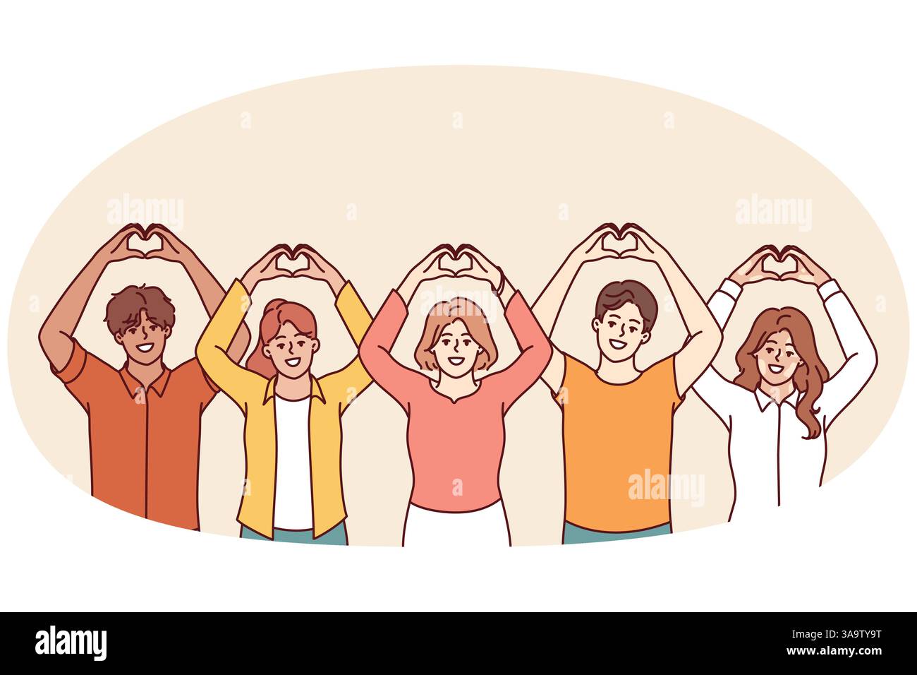 Des bénévoles gentils font la forme du cœur avec les doigts et lèvent les mains au-dessus de la tête. Des hommes et des femmes bénévoles appellent à faire des dons à une fondation caritative pour aider ceux qui en ont besoin Illustration de Vecteur