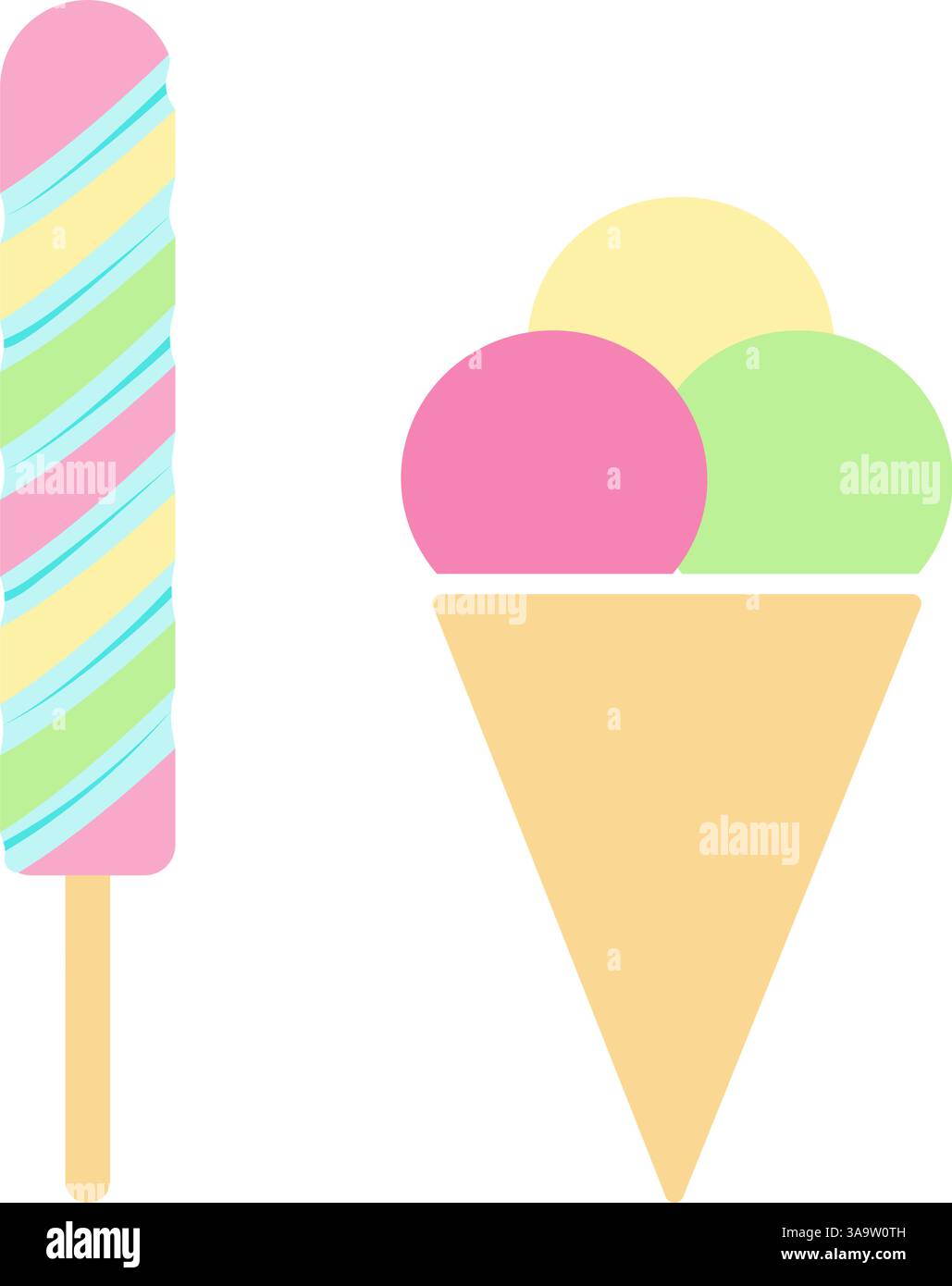 Rainbow Swirl Lollipop and Waffle Triple Scoop Ice Cream Cone World Ice Cream Day concept d'élément. Illustrations vectorielles isolées, invitations à une fête pour enfants, marque de magasin de bonbons, annonces estivales ou brochure promotionnelle Web Illustration de Vecteur