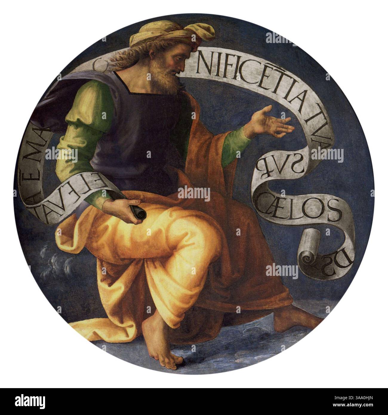 Prophète jérémie - détail du polyptyque de San Pietro (italien : Polittico di San Pietro) est un polyptyque du maître de la Renaissance italienne Pérugin, peint vers 1496-1500. Les panneaux sont maintenant à différents endroits : la lunette et le panneau central, représentant l'Ascension du Christ, sont au Musée des Beaux-Arts de Lyon, France. Banque D'Images
