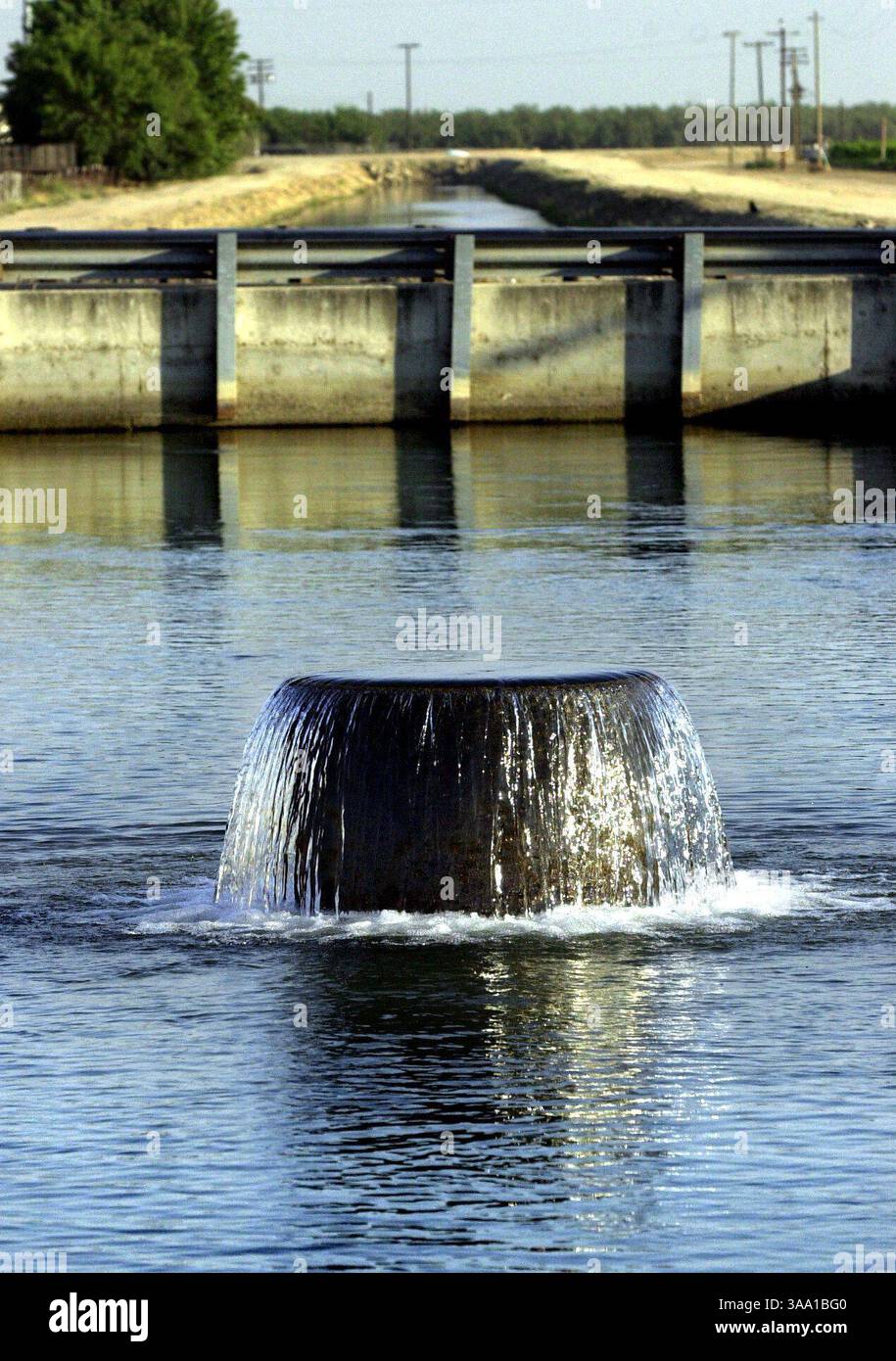 L'eau s'écoule dans un canal d'irrigation près de la ville de Famoso, dans le comté de Kern, dans la basse vallée de San Joaquin. La puissance -- et la disponibilité -- de l'eau transforme un paysage aride, désertique en terres agricoles luxuriantes et en pleine croissance dans la grande vallée centrale de Californie... ''la nourriture pousse là où l'eau coule''. Photo prise le 13 juin 2002. Dick Schmidt / The Sacramento Bee (avec une histoire de Dale Kasler) / ZUMA Press Banque D'Images