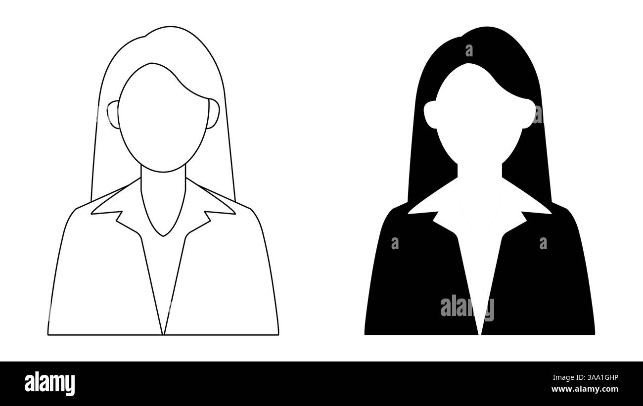 Illustration de profil de la silhouette d'une femme. Une illustration de profil de femme d'affaires de contour. Une photo de profil féminine en noir et blanc. Illustration de Vecteur